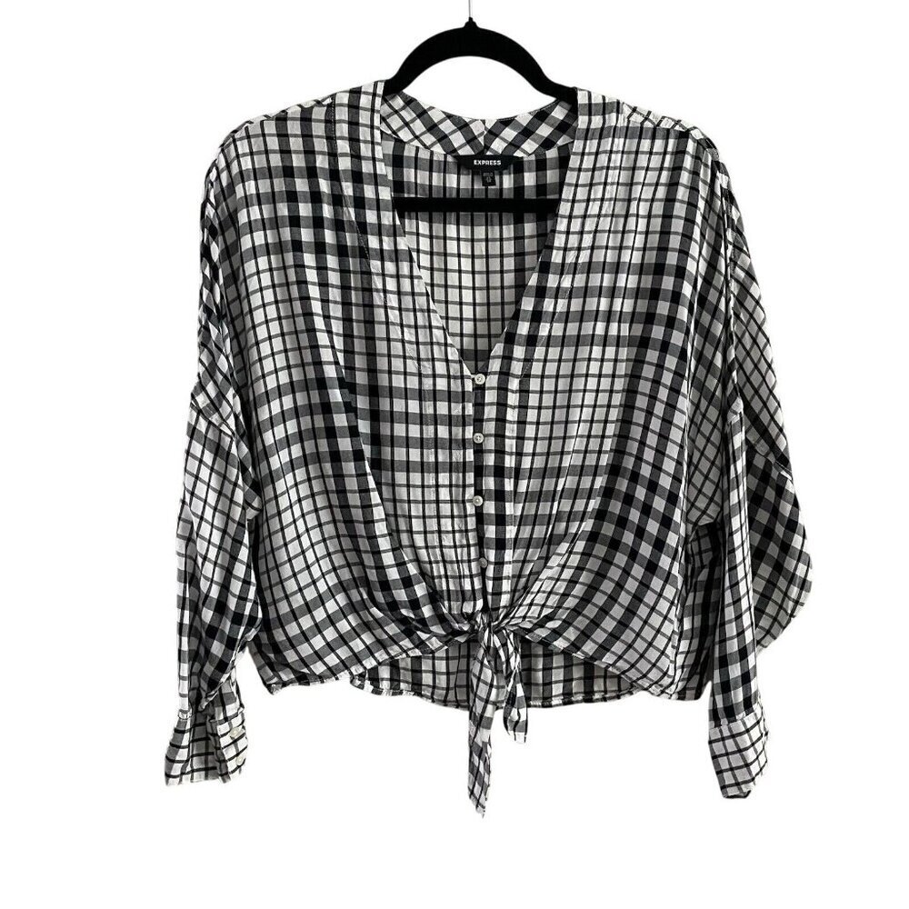 Express Women XS Black White Gingham Plaid V-Neck Tie Waist Button Front Blouse